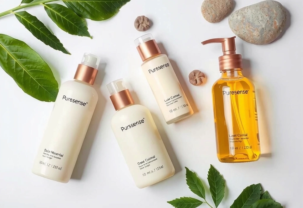 Variety of Puresense body care products on a natural background