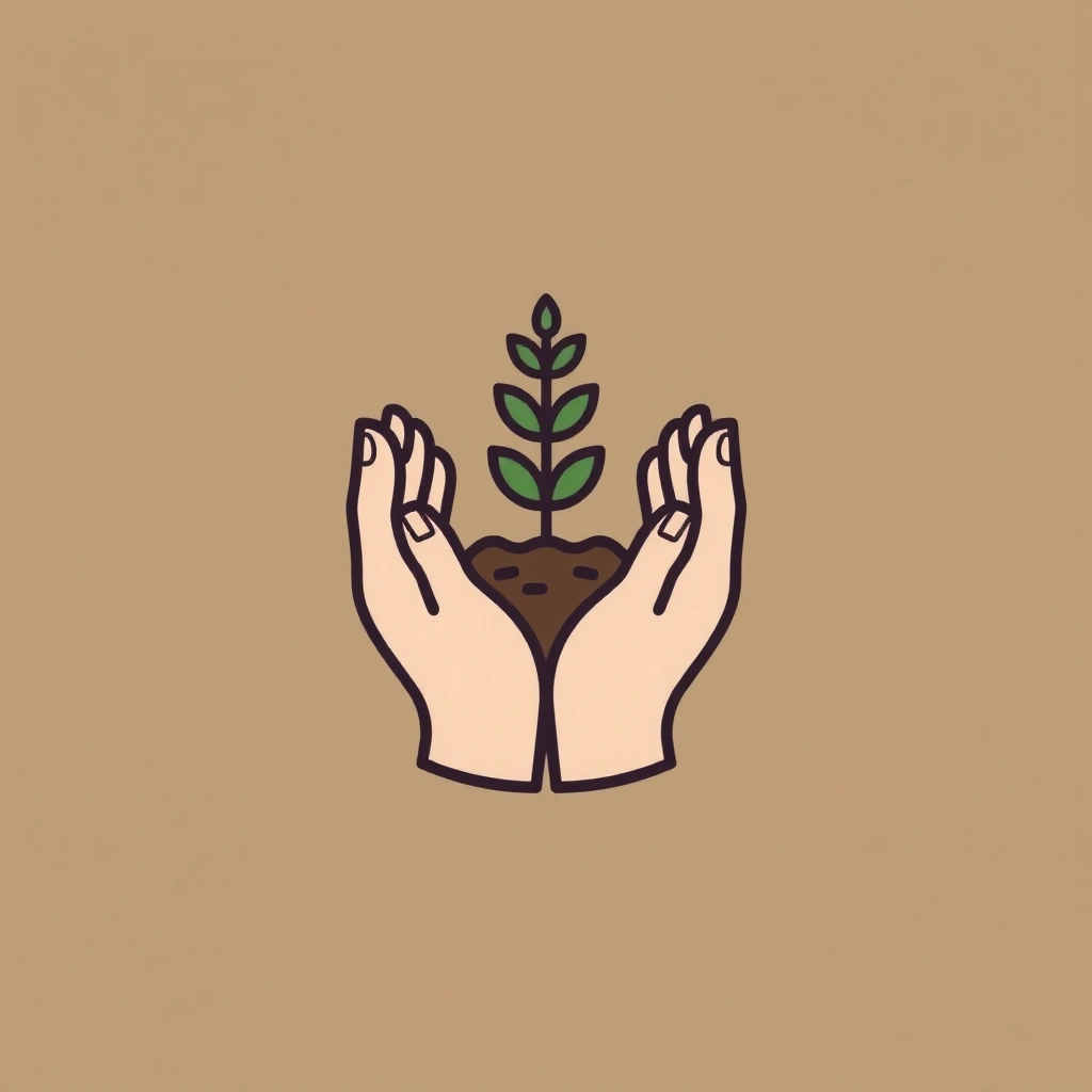 Icon representing ethical sourcing, such as hands holding a sprouting plant or a fair trade symbol.