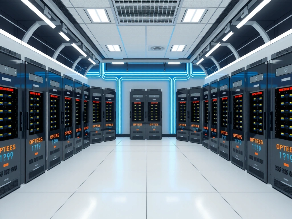 Secure server room with glowing data lines