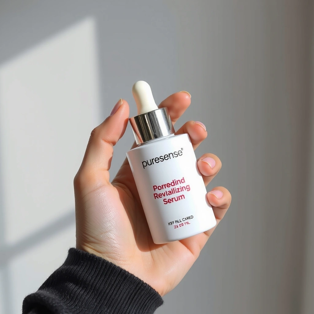 Puresense Revitalizing Serum bottle in hand