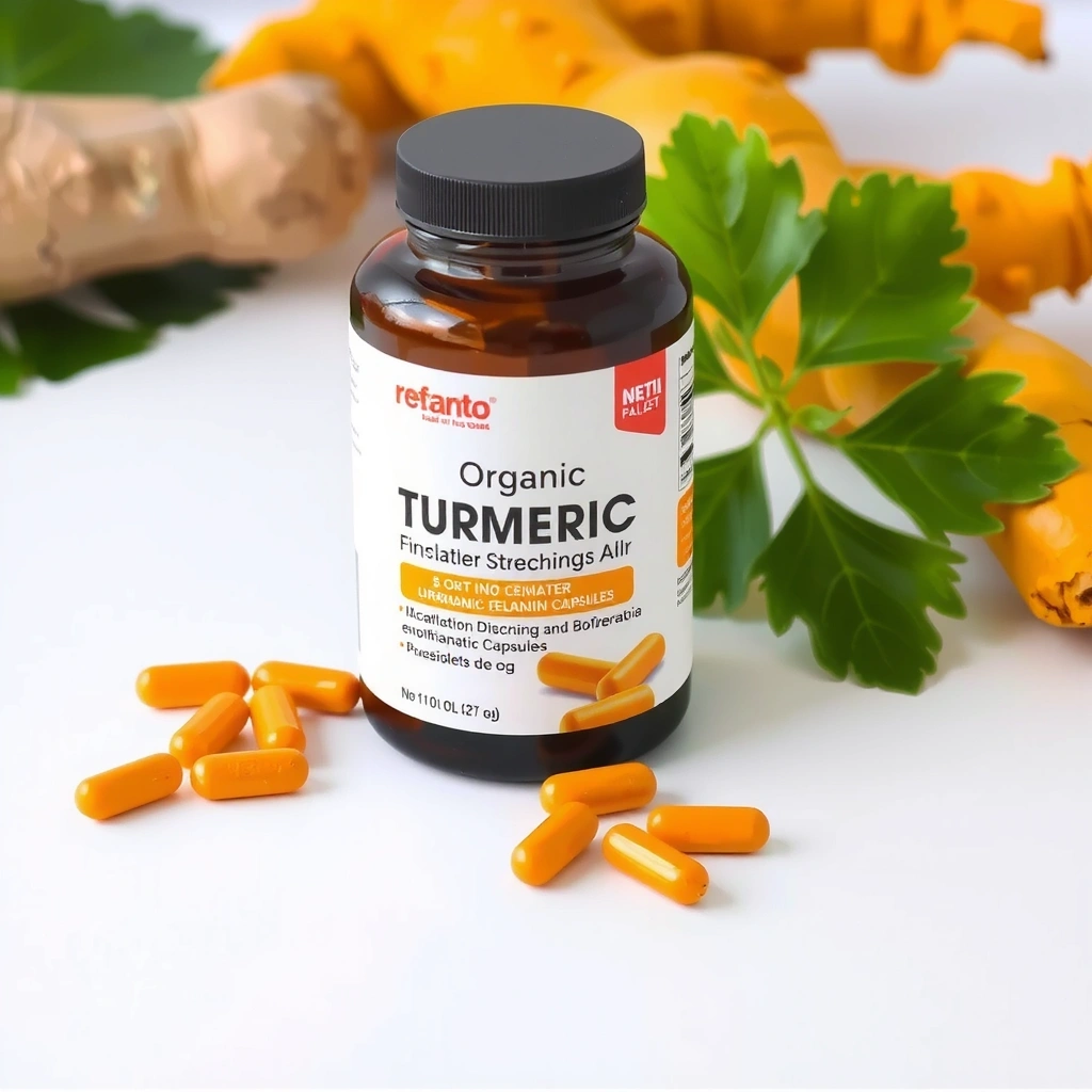 A bottle of organic turmeric curcumin capsules, known for anti-inflammatory benefits, placed on a clean white surface with fresh turmeric roots in the background.