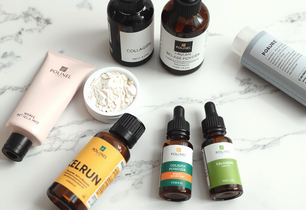 A serene image featuring beauty and wellness products like collagen powder, essential oils, and hair care items, arranged with soft lighting on a marble surface.