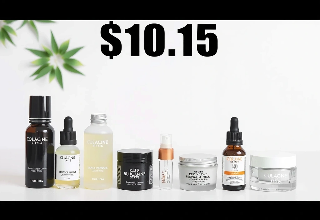 A collection of elegant skincare products, including serums, creams, and toners, displayed on a clean, minimalist white background with subtle green plant accents.