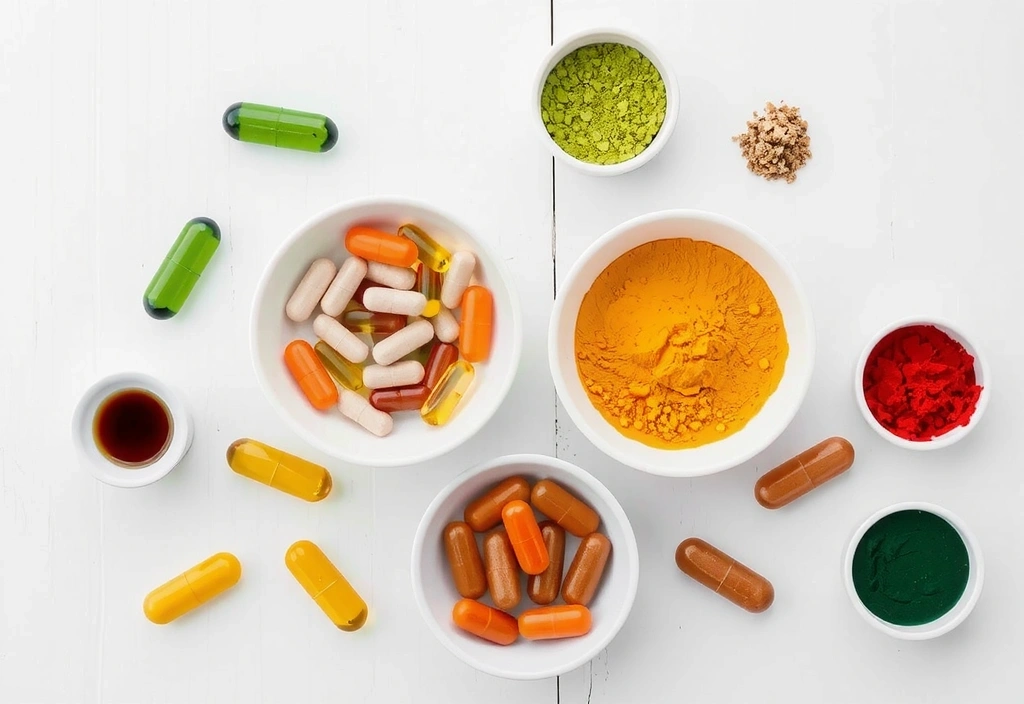 Assorted vitamins and minerals in colorful capsules and powders