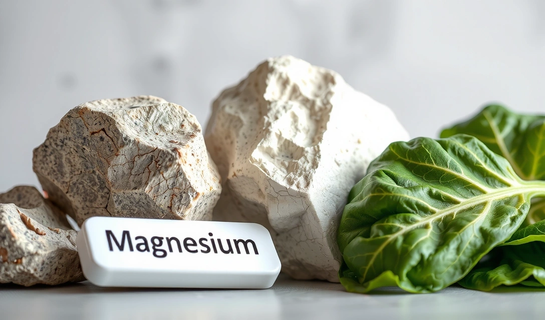 Magnesium mineral rocks with a leafy green vegetable